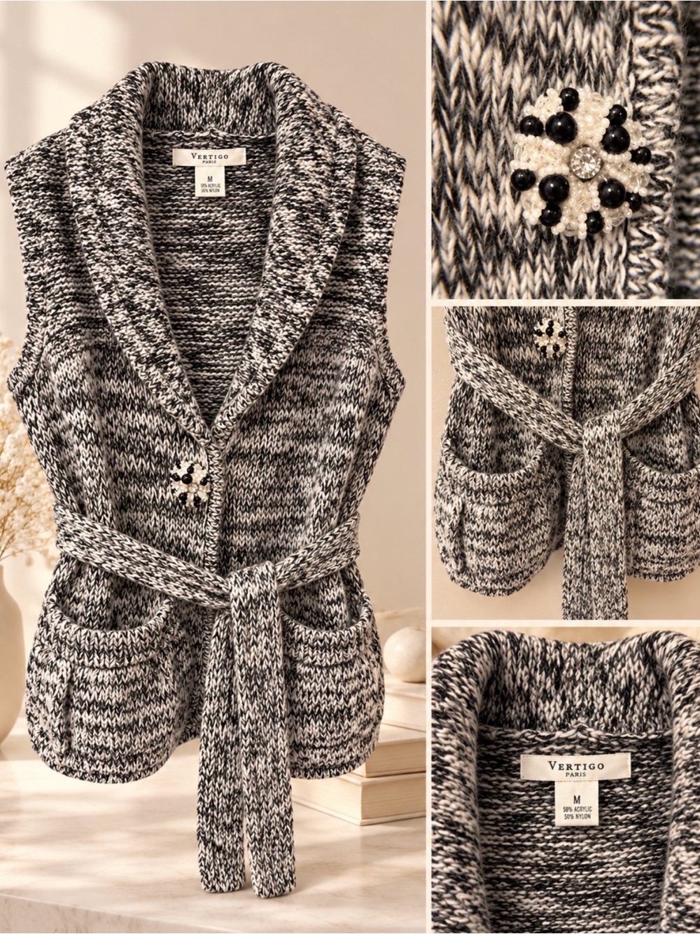 Vertigo Paris Black and White Marled Knit Belted Sweater Vest with Brooch